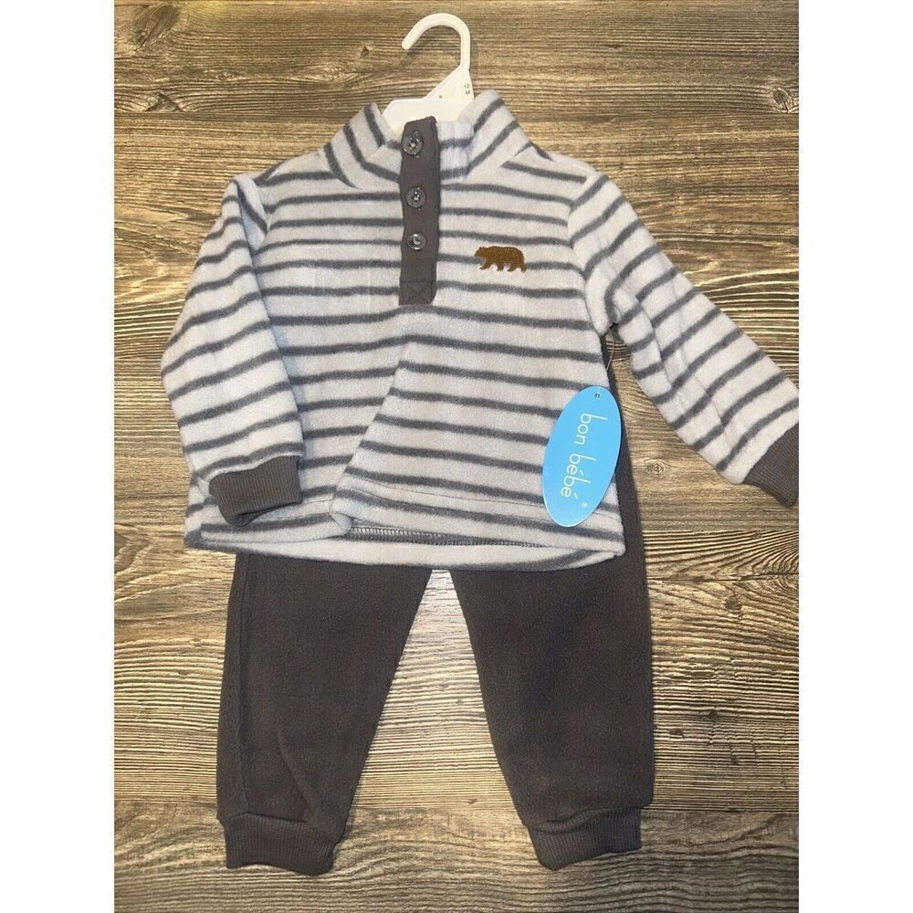 Bon Bebe Boys 2 Pc Shirt Pants Outfit Size 12m. Gray Fleece. NWT. 5